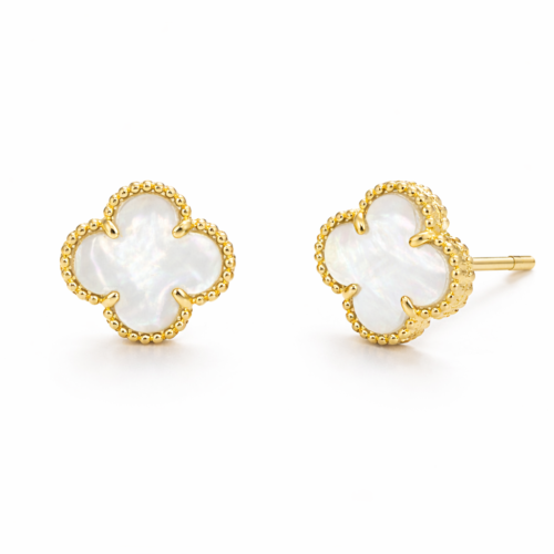 Brinco Pequeno Trevo Pedra Branca B.Ouro