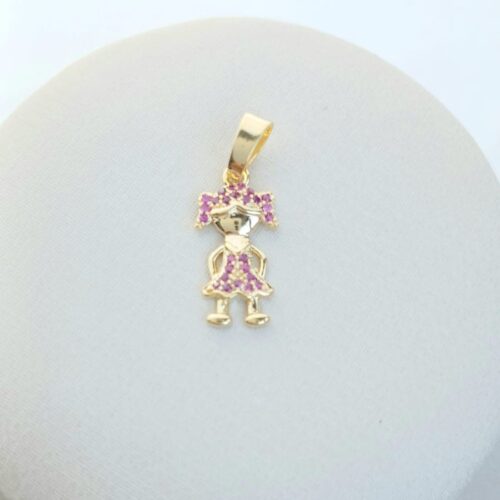 Pingente Menina com Mini Pedras de Zircônias Vermelhas B. Ouro 18k