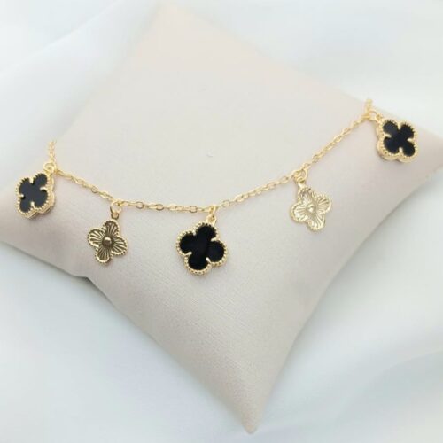 Pulseira Pingente Trevo Madre Ônix Banho de Ouro