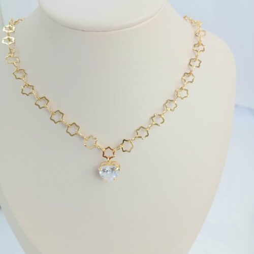 Choker Elos Estrelas Vazados com 01 Pingente Coração Cristal
