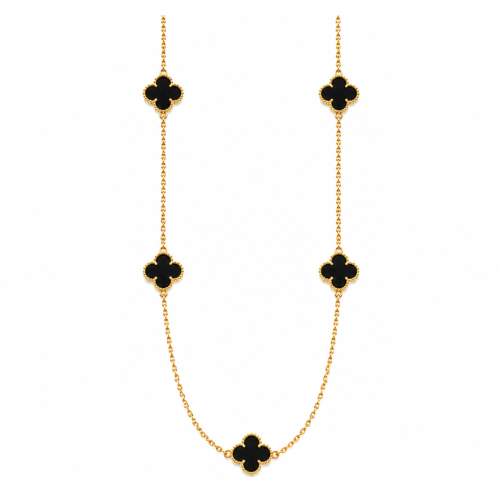 Colar com Vários Pingentes de Trevo Ônix B.Ouro 18K