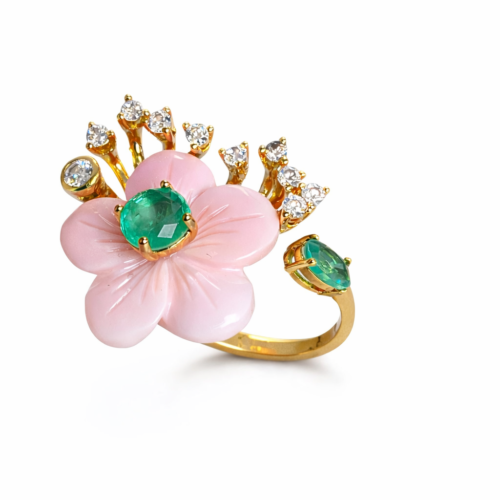 Anel Flores Rosas Banhado a Ouro 18 Regulável