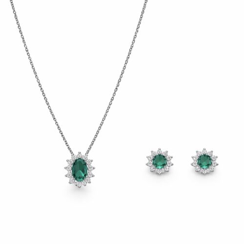 Conjunto Flor com Zircônias Esmeraldas e Brancas Prata 925