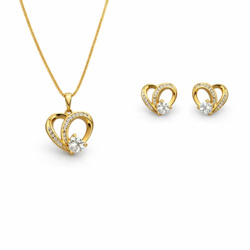 Conjunto Coração e Zircônias no Banho de Ouro 18K