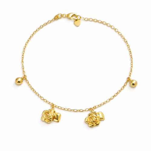 Pulseira com Rosas e Corações no Banho de Ouro 18K