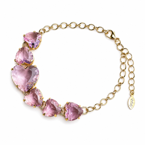 Pulseira Coração Pedras Zircônias Rosas Banho Ouro 18k