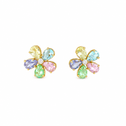 Brinco Flor Pedras Zircônias banho Ouro 18k